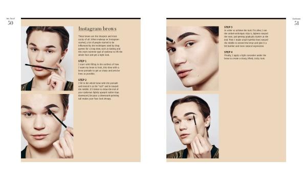 Two Faced by Schiffer Publishing, Ltd. is a two-page makeup guide where Thomas Sekelius demonstrates eyebrow makeup in three close-ups, offering step-by-step instructions and essential tools to help you master Instagram brows.