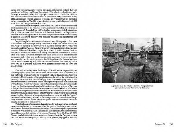 A black-and-white photo in "The Patapsco" by Schiffer Publishing, Ltd. shows a passenger ship docked by the Patapsco River, people walking nearby, and a cityscape in the background. Text appears on both pages of the open book.