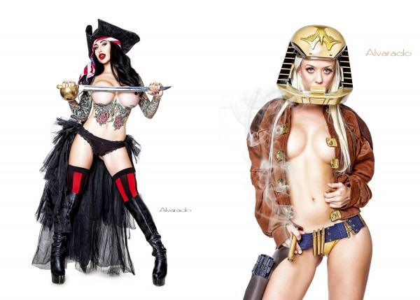 Alvarado's Cosplay Pin-ups by Schiffer Publishing, Ltd. features two women in pop culture cosplay: a pirate with a sword, boots, and sheer skirt, and another in a gold helmet, brown jacket, blue shorts, and smoking gun, set against a white background.