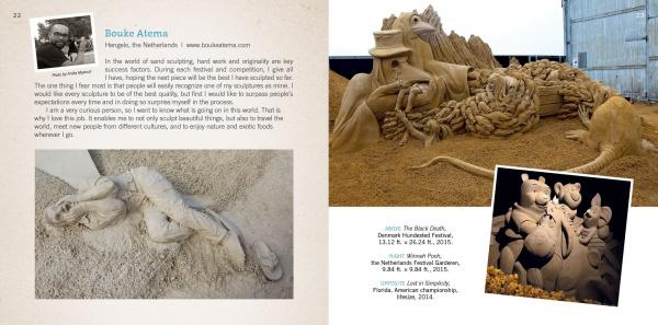 A magazine spread on "Contemporary Sand Sculpture" by Schiffer Publishing, Ltd. features sand art: left, a reclining figure with artist Bouke Atema’s portrait and bio; right, two sculptures—cartoonish animals and an animal with riders.