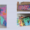 A person in blue spray-paints graffiti on a wall, embracing the culture. The page shows three photos of bold, colorful urban graffiti and text about “GIANT” on the left. Product: Beijing Graffiti by Schiffer Publishing, Ltd.