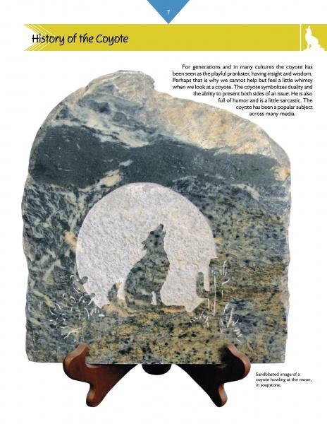 Carving a Coyote in Soapstone by Schiffer Publishing, Ltd. features a plaque of a howling coyote and cactus, displayed on a wooden stand, with text exploring the cultural history and symbolism of coyotes.
