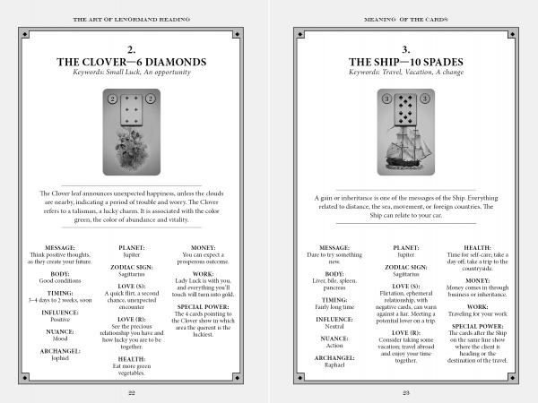 Two pages from "The Art of Lenormand Reading" by Schiffer Publishing, Ltd., explore The Clover (6 Diamonds) and The Ship (10 Spades) with images, meanings, and keywords—vital for mastering the Grand Tableau method.