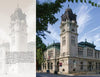 The cover of "Lancaster County Reflections" by Schiffer Publishing, Ltd. features a historic stone building with a clock tower, ornate windows, green roof tiles, and arched entrances, framed by trees under a blue sky with wispy clouds.