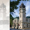 The cover of "Lancaster County Reflections" by Schiffer Publishing, Ltd. features a historic stone building with a clock tower, ornate windows, green roof tiles, and arched entrances, framed by trees under a blue sky with wispy clouds.