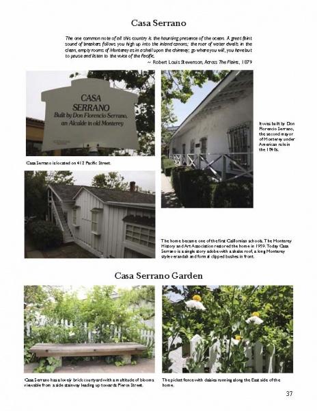 A page from Schiffer Publishing, Ltd.’s "Historic Monterey" features five photos and text about Casa Serrano and its garden, showcasing the 1800s house, an info sign, staircase, lush garden, and a bench among greenery and calla lilies.