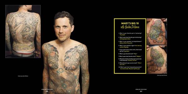 A shirtless, smiling man with colorful dragon tattoos on his chest, arms, and back is featured—perfect for Tattoo Road Trip by Schiffer Publishing, Ltd. Text and Q&A about tattoo artists appear to the right of the image.