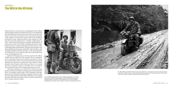 Two black-and-white photos: Left, US Army soldiers beside a Harley-Davidson WLA military motorcycle. Right, a soldier rides the WWII-era WLA through mud. Schiffer Publishing, Ltd. highlights the WLA’s vital US Army role.