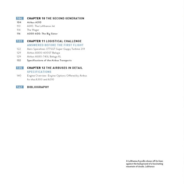 The Schiffer Publishing, Ltd. book "Airbus A300/310" features a table of contents on Airbus aircraft like the A300 wide-body and A310, logistics, specs, a bibliography, plus a small Lufthansa A300 photo with caption at the bottom right.