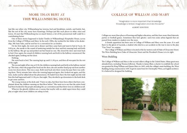 The left page of "Virginia's Haunted Historic Triangle 2nd Edition" (Schiffer Publishing, Ltd.) explores Williamsburg hotel hauntings and Virginia ghost history; the right shows the College of William and Mary with photo of its brick building and trees.