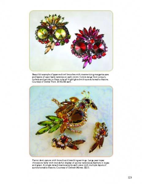 Two images from "The Art of Juliana Jewelry" by Schiffer Publishing, Ltd. show vibrant brooches: twin owl designs with sparkling stones on top, and a DeLizza & Elster parrot brooch with matching earrings below, all in multicolored settings.