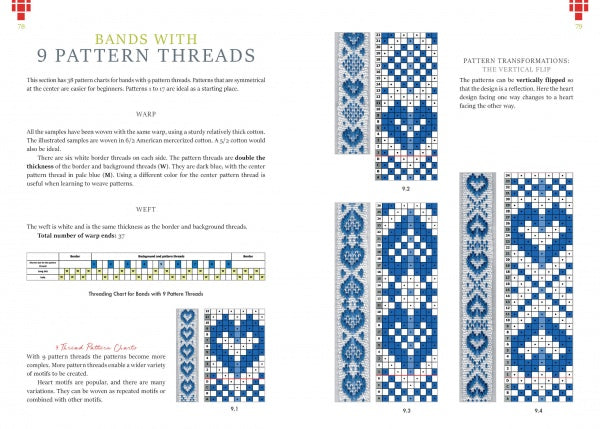 Weaving Patterned Bands by Schiffer Publishing, Ltd. features an instructional page with 9 pattern threads, blue and white charts, written guides, and four examples—hearts, diamonds, and geometric designs—highlighting Baltic weaving traditions.