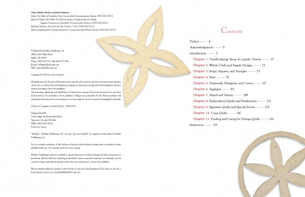 An open copy of "Quilts of Cumberland County" by Schiffer Publishing, Ltd. shows the copyright page beside the table of contents, listing chapters on quilt preservation and textile designs. Both pages are accented with beige geometric floral cutouts.