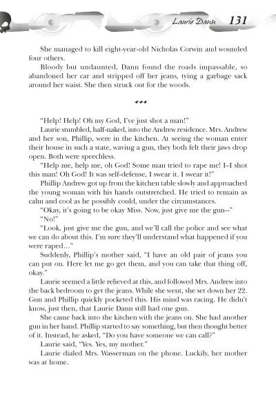A page from "Midwest Maniacs" by Schiffer Publishing, Ltd. features dialogue as Laurie, bloodied and distressed, enters her home—her family anxious due to Midwest criminals and the town’s notorious murder history.