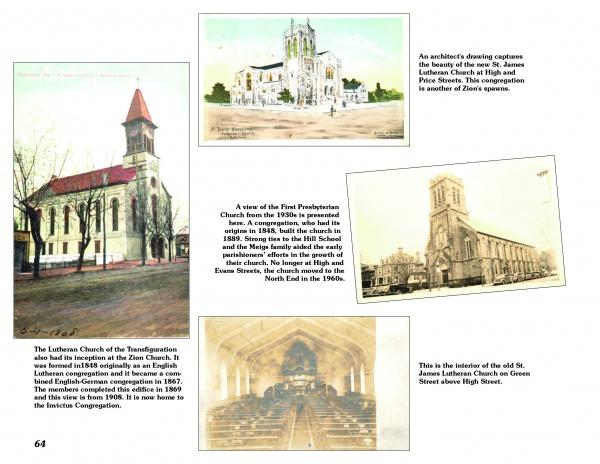 “Greetings from Pottstown” by Schiffer Publishing, Ltd. features historic church images and captions, including St. James Lutheran and First Presbyterian Church, plus an architect’s drawing and their roles in Pottstown’s history.