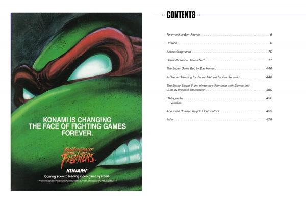 On the left, a Ninja Turtle’s intense face is shown with the text: "Schiffer Publishing, Ltd. is changing game history." On the right, The SNES Omnibus’s contents highlight classic Super Nintendo games and sections.