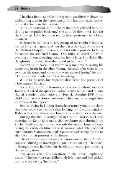 A page from *Ghosts of Kansas* by Schiffer Publishing, Ltd. explores paranormal activity at Holton House, describing mysterious voices, rearranged chairs, and an EVP recording of someone saying "help me.