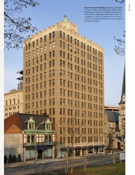 The "Historic Architecture of Pennsylvania" by Schiffer Publishing, Ltd. showcases a tall, tan art deco building with vertical lines, set among historic structures and a church in the Susquehanna Valley, viewed from a grassy lawn under a clear sky.