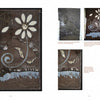 Three images display Quilted Leather by Schiffer Publishing, Ltd.: a dark leather panel with a bold floral motif, along with close-ups and process shots highlighting sewing techniques and annotated steps in creating the design.