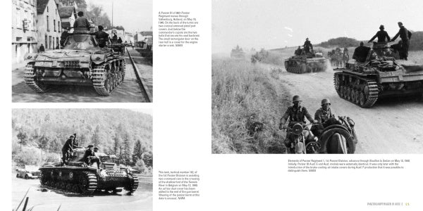 German troops and Panzerkampfwagen III tanks advance through rural roads and towns in WWII, as shown in Schiffer Publishing, Ltd.’s images of armored vehicles, soldiers, and motorcycles amidst countryside scenes.