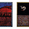 A spread from "Art Glass Today 2" by Schiffer Publishing, Ltd. displays contemporary glass art—a red landscape with a bridge, a curled figure above vivid flowers, and close-ups of colorful blooms—paired with text on innovative glass art techniques.