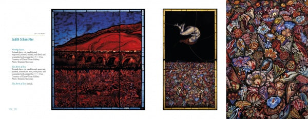 A spread from "Art Glass Today 2" by Schiffer Publishing, Ltd. displays contemporary glass art—a red landscape with a bridge, a curled figure above vivid flowers, and close-ups of colorful blooms—paired with text on innovative glass art techniques.