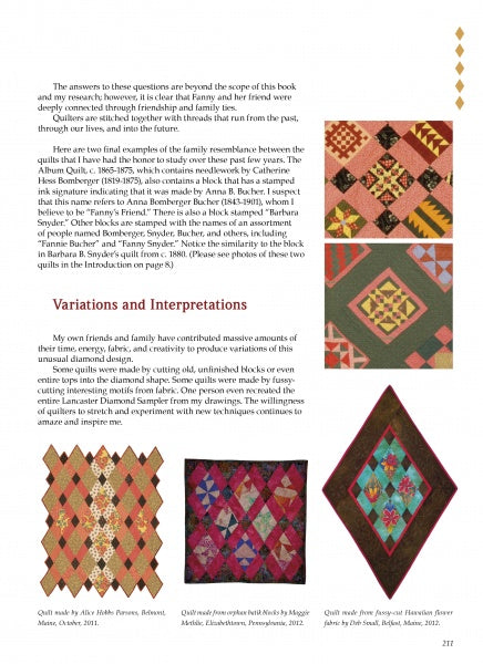 A page from "Making the Lancaster Diamond Sampler" by Schiffer Publishing, Ltd. features text on quilt-making and friendship, plus images of four colorful quilts—three rectangular, one diamond-shaped—with unique geometric designs.