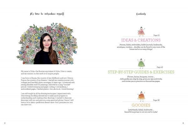 The Floral Doodling Handbook by Schiffer Publishing, Ltd. features a left-page portrait of a woman amid colorful flowers, an inspiring intro below, and a right-page contents list in three sections with playful illustrations.