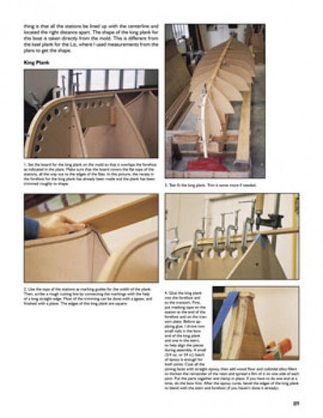 A page from Schiffer Publishing, Ltd.'s "Woodstrip Rowing Craft" shows step-by-step wooden boat building with five photos—frames, clamped planks, alignment guides—and detailed text instructions for each stage.