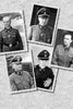 Five black-and-white photos from "Cavalry Divisions of the Waffen-SS" by Schiffer Publishing, Ltd. depict men in Nazi SS uniforms, likely Waffen-SS cavalry, arranged on a gray background with serious WWII-era expressions.
