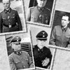 Five black-and-white photos from "Cavalry Divisions of the Waffen-SS" by Schiffer Publishing, Ltd. depict men in Nazi SS uniforms, likely Waffen-SS cavalry, arranged on a gray background with serious WWII-era expressions.