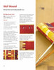 A vibrant quilted roll-up case, shown with knitting needles and scissors on a wooden table, is featured alongside printed instructions from "Free-Form Patchwork Techniques" by Schiffer Publishing, Ltd.