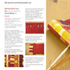 A vibrant quilted roll-up case, shown with knitting needles and scissors on a wooden table, is featured alongside printed instructions from "Free-Form Patchwork Techniques" by Schiffer Publishing, Ltd.