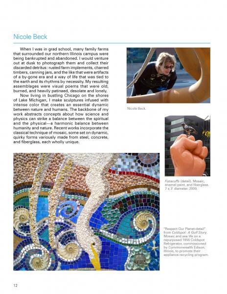 A page in "100 Artists of the Midwest" by Schiffer Publishing, Ltd. spotlights Nicole Beck with her photo, a face mosaic, hand sculpture, and vibrant tile art, noting her contemporary style and Midwest inspirations.