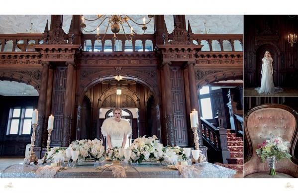 A bride in a white gown poses behind a candlelit table with white flowers in an ornate wooden hall, echoing the elegant inspiration found in *The White Dress in Color: Wedding Inspirations for the Modern Bride* by Schiffer Publishing, Ltd.