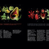 Atlas of Flowering Plants by Schiffer Publishing, Ltd. features detailed illustrations of sectioned tropical flowers and fruits, labeled and arranged in rows above botanical descriptions on a black background, honoring botanical artistry.