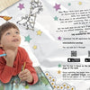 A young child draws on a colorful mat beside playful cartoon characters and text introducing "Shoes, Little Shoes, Big Shoes" by Schiffer Publishing, Ltd.—an interactive AR storybook for kids with QR codes and fun digital activities.