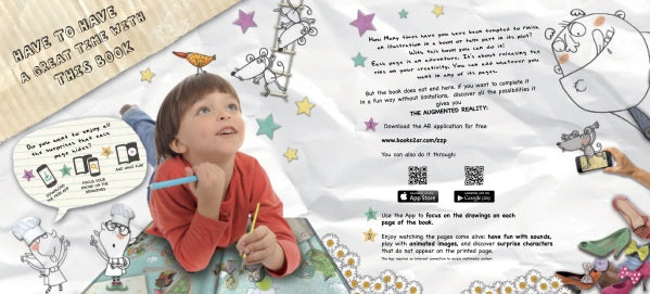 A young child draws on a colorful mat beside playful cartoon characters and text introducing "Shoes, Little Shoes, Big Shoes" by Schiffer Publishing, Ltd.—an interactive AR storybook for kids with QR codes and fun digital activities.