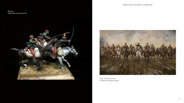 The Ferrer-Dalmau diorama by Schiffer Publishing, Ltd. features three cavalry soldiers charging on horseback alongside a historical realism painting, both evoking scenes reminiscent of Augusto Ferrer-Dalmau’s artwork.