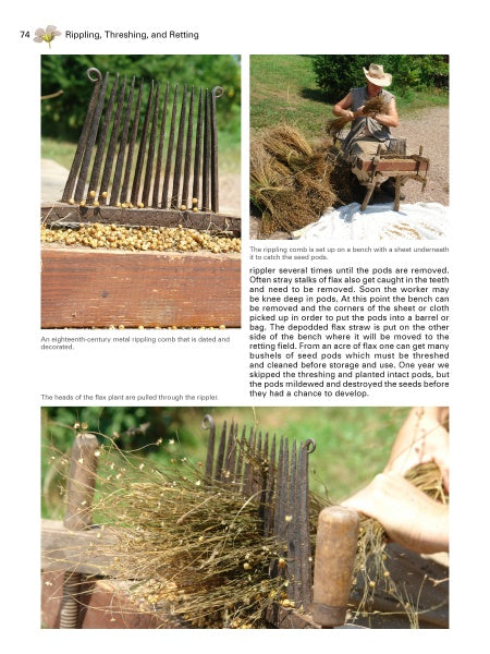 A person uses a vintage metal rippling comb to process flax stalks, as shown in close-up photos. Discover these traditional techniques in "The Big Book of Flax" from Schiffer Publishing, Ltd., a must-have for linen and antique enthusiasts.