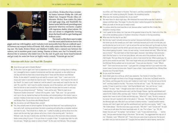 A magazine spread promotes "The Ultimate Guide to Strange Cinema" by Schiffer Publishing, Ltd., with a left-page image of a woman before an open fridge—evoking quirky films—beside columns of printed interview text.