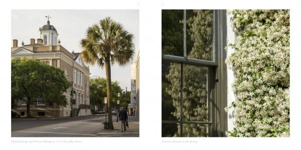 On the left, a historic clock tower and palm tree line a quiet street; on the right, white flowers climb a wall—an image from "Charleston" by Schiffer Publishing, Ltd., capturing the picturesque charm of Charleston’s streets.