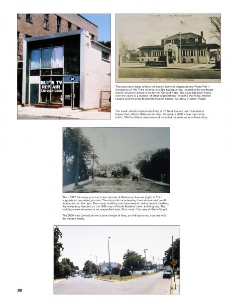A five-photo collage in "Long Branch, New Jersey" by Schiffer Publishing, Ltd. showcases a TV repair shop, historic buildings, a vintage street with trolley tracks, and two views of the same street from different eras—one in black-and-white and one in color.