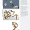 A catalog page presents "The Rosary Collector's Guide" by Schiffer Publishing, Ltd., along with images of distinctive rosaries—silver medals, gold-toned with crucifix, and antique with Sacred Heart—plus text descriptions on the right.