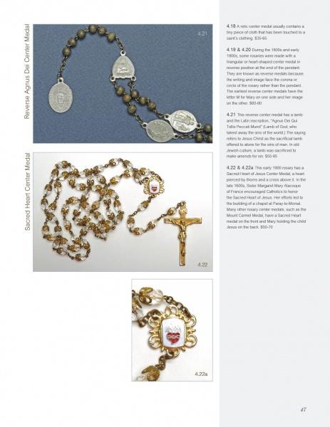 A catalog page presents "The Rosary Collector's Guide" by Schiffer Publishing, Ltd., along with images of distinctive rosaries—silver medals, gold-toned with crucifix, and antique with Sacred Heart—plus text descriptions on the right.