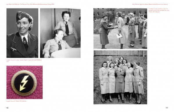 Last Ride of the Valkyries by Schiffer Publishing, Ltd. features a collage of women in uniform, highlighting the female auxiliaries of the German armed forces and their unique WWII uniforms and insignia.
