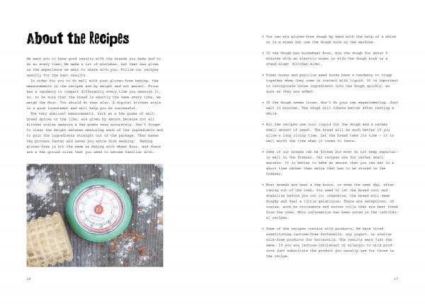 A page from *The New Bread* by Schiffer Publishing, Ltd. features recipes and a bottom-left photo of a kitchen scale with flour and a waffle cone—ideal for exploring gluten-free baking with alternative flours.