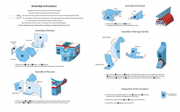 Assembly instructions for the Super Robot papercraft by Schiffer Publishing, Ltd., feature labeled diagrams, numbered steps, and arrows for folding, gluing, and assembly—enhancing hand-eye coordination as you create your robot.