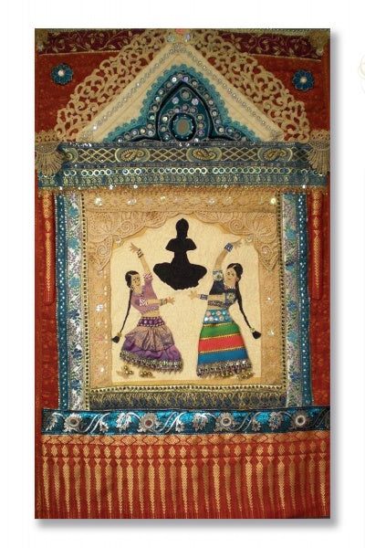 Dare to Dance" by Schiffer Publishing, Ltd. is a decorative textile art piece featuring two women in vibrant Indian attire dancing beneath a silhouette archway, adorned with ornate patterns and beadwork—a joyful tribute inspired by dance quilts.