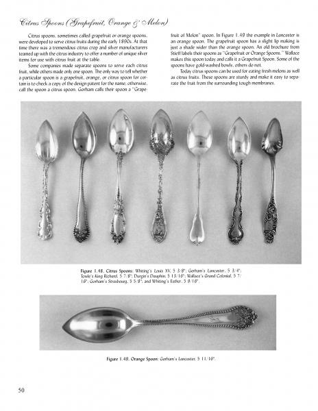 A black and white page from Sterling Silver Flatware For Dining Elegance by Schiffer Publishing, Ltd. shows six ornate citrus spoons and one large orange spoon with detailed captions—a handy guide to Victorian and Edwardian flatware.